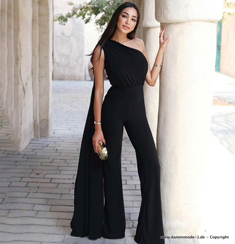 One Shoulder Jumpsuit Einteiler Overall Lang in Schwarz&nbsp;Elegant
