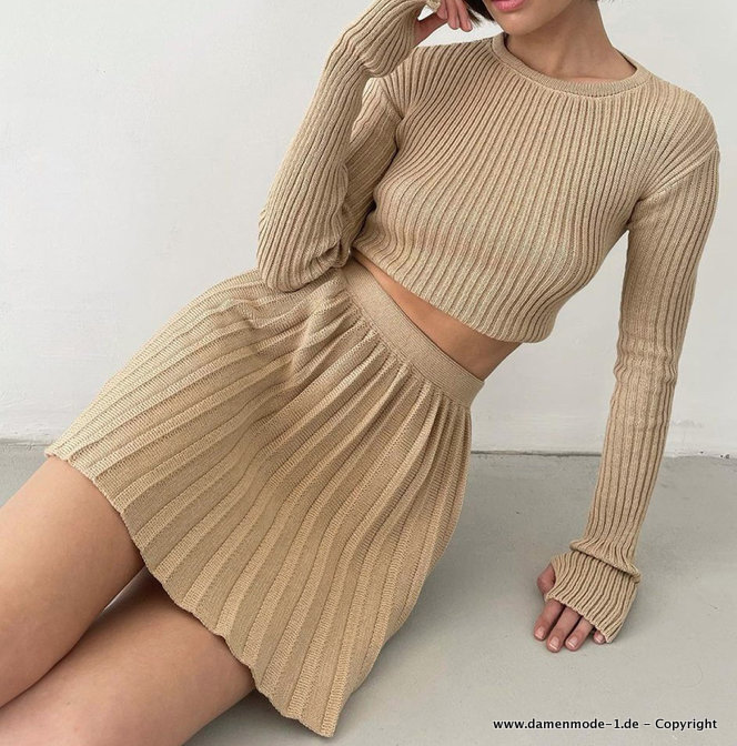 Herbst Frühling A Linie Zweiteiler Strick Rock mit Pullover Beige