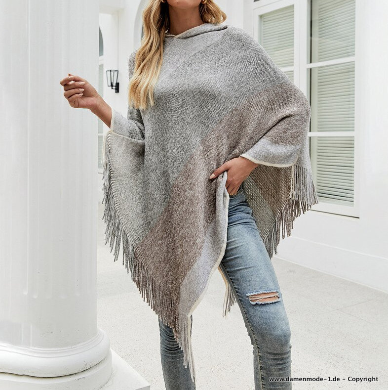 Damen Strickpullover in Poncho Style mit Kapuze