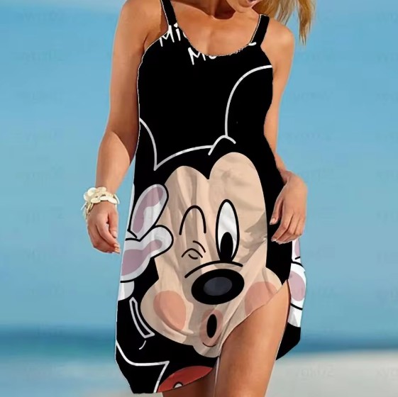 A Linie 3D Print Mickey Strandkleid 2025 Schwarz Kurz&nbsp;Ärmellos