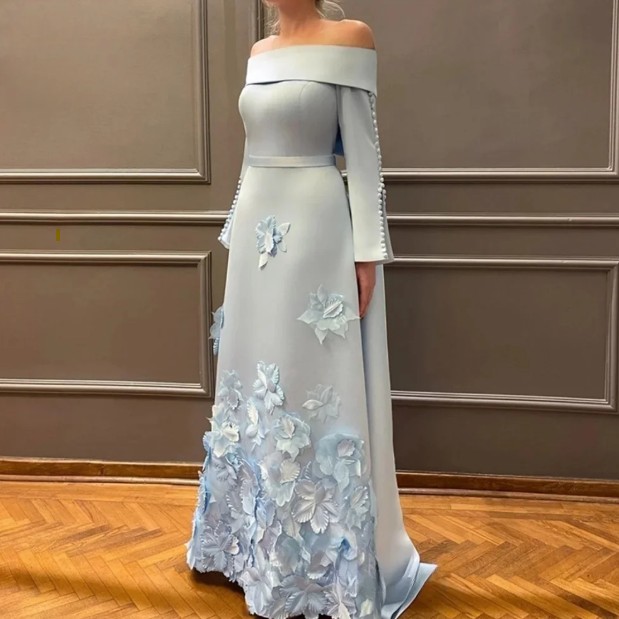 A Linie Brautmutterkleid 2025 Festlich in Hellblau Schulterfrei mit&nbsp;Blumen