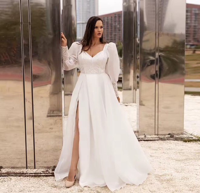  A Linie Chiffon Brautkleid Healani Hochgeschnitten mit&nbsp;Puffärmeln