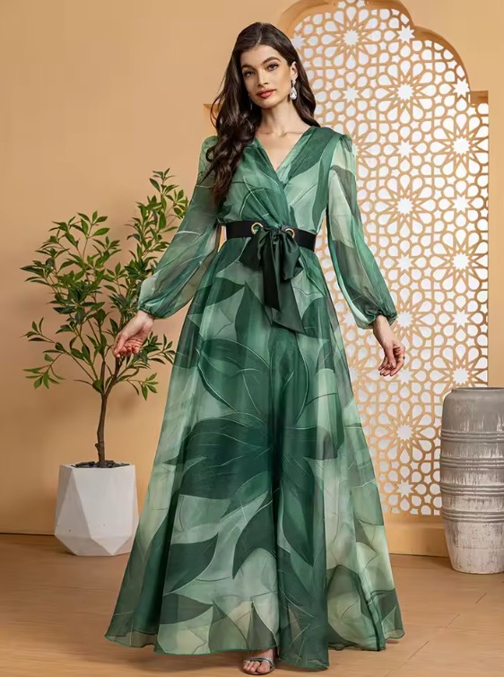 A Linie Langarm Chiffon Kleid Elegant für Hochzeitsgäste in Grün mit&nbsp;Muster