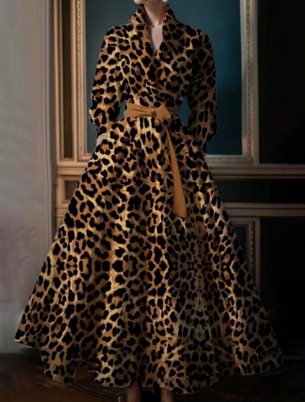 A Linie Langarm Maxi Kleid 2025 Elegant mit Leoparden&nbsp;Muster