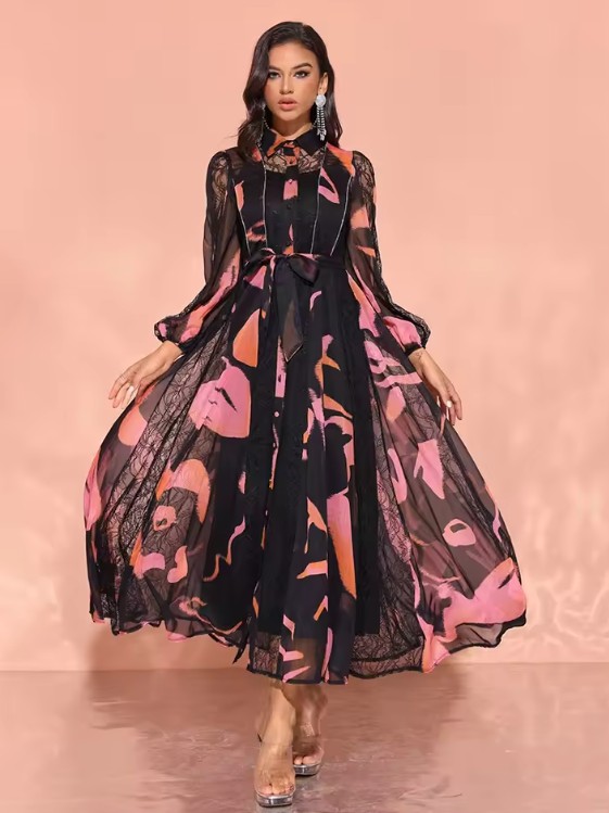 A Linie Langarm Vintage Style Maxi Kleid Elegant für Hochzeitsgäste in Schwarz mit&nbsp;Muster