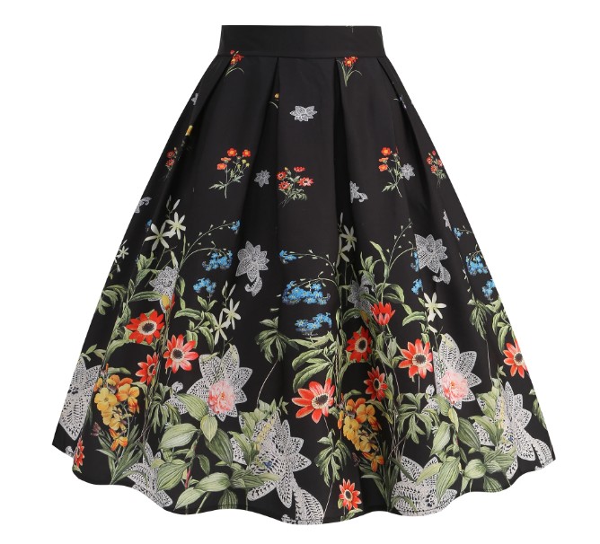 A Linie Maxi Sommer Rock 2025 Schwarz mit Blumen