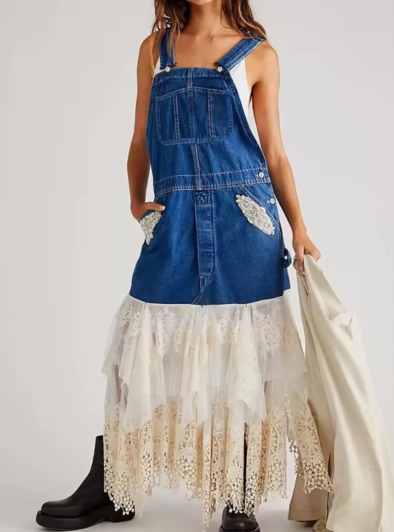 A Linie Patchwork Jeans Sommerkleid 2025&nbsp;Lang