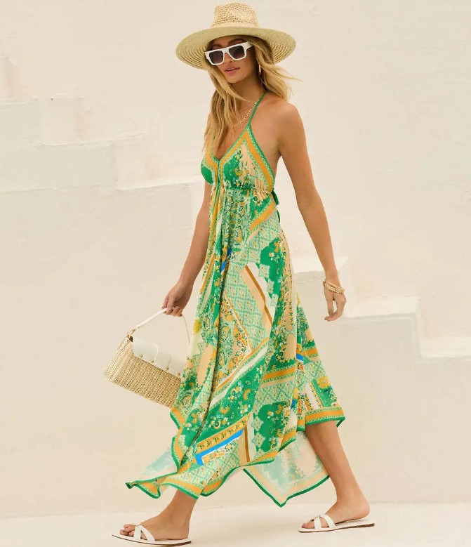 A Linie Spaghettiträger Boho Sommerkleid 2025 Lang&nbsp;Grün