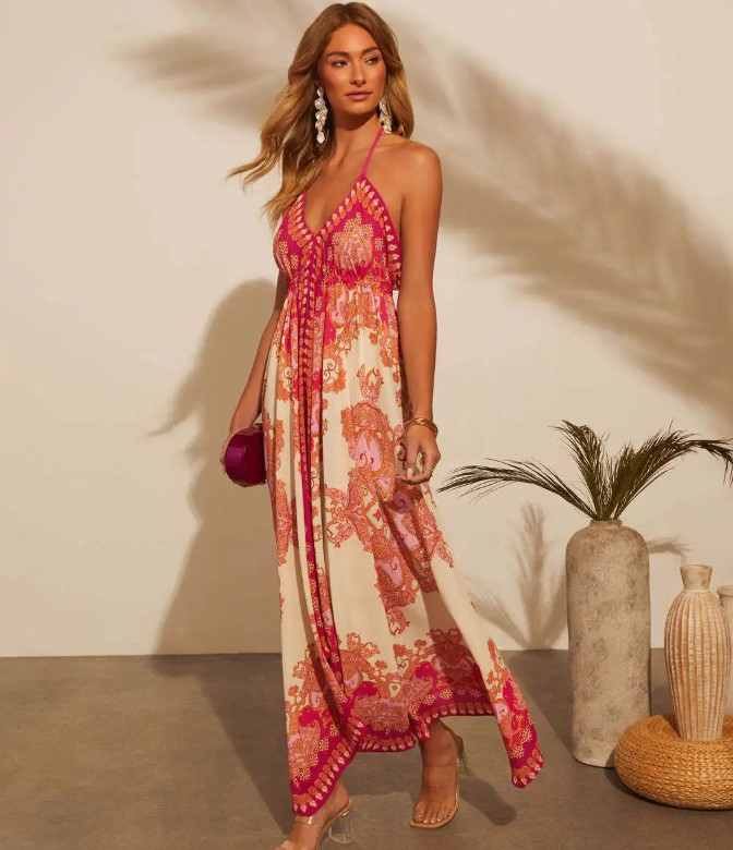 A Linie Spaghettiträger Boho Sommerkleid 2025 Lang&nbsp;Rot