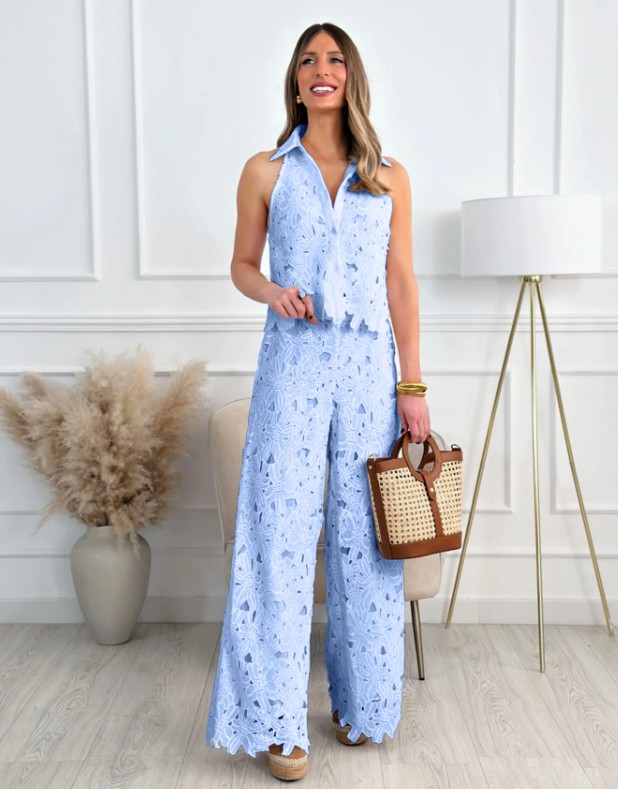  A Linie Zweiteiler Elegant für Hochzeitsgäste aus Spitze in&nbsp;Hellblau