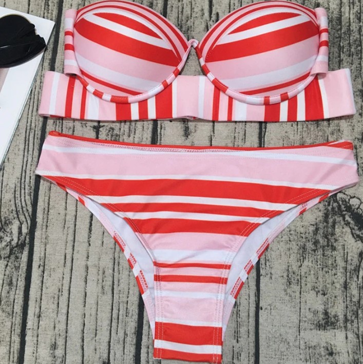 Bandeau Push Up Bikini Sigrid in Rot Weiß&nbsp;Gestreift