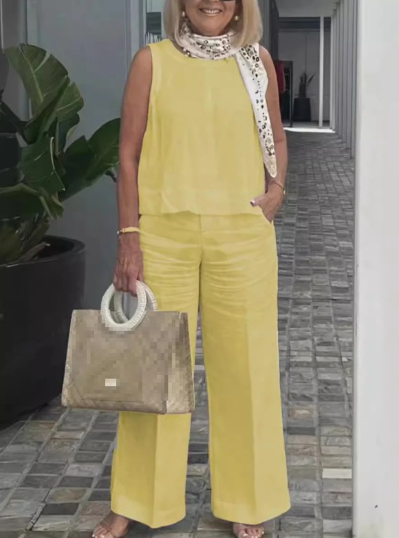 Baumwoll – Leinen Sommer Set 2025 Ärmellos in&nbsp;Gelb