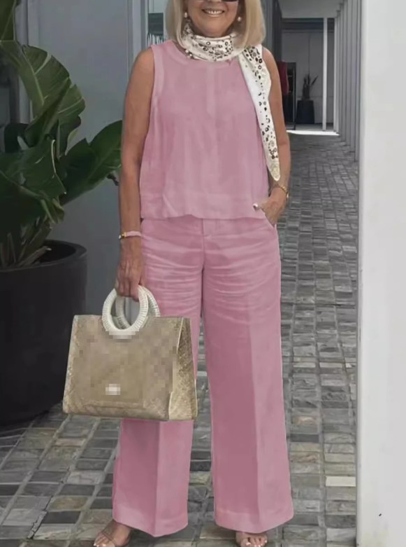 Baumwoll – Leinen Sommer Set 2025 Ärmellos in&nbsp;Rosa