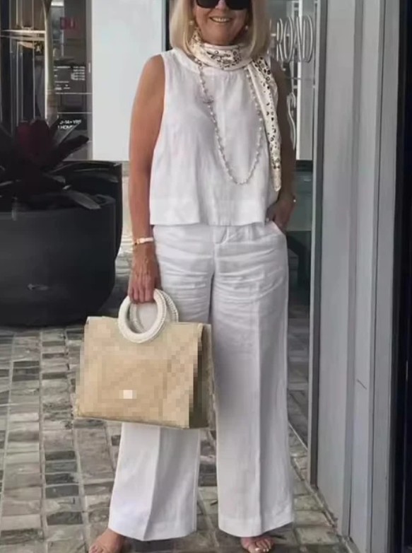 Baumwoll – Leinen Sommer Set 2025 Ärmellos in&nbsp;Weiß