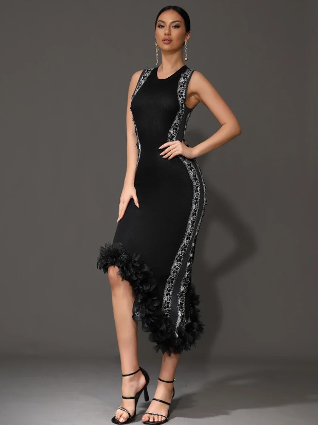 Bleistift Abendkleid Asymetrisch Ärmellos mit Spitze in&nbsp;Schwarz