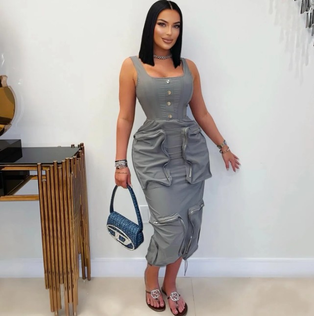 Bleistift Cargo Sommerkleid 2025 Ärmellos mit Taschen&nbsp;Grau