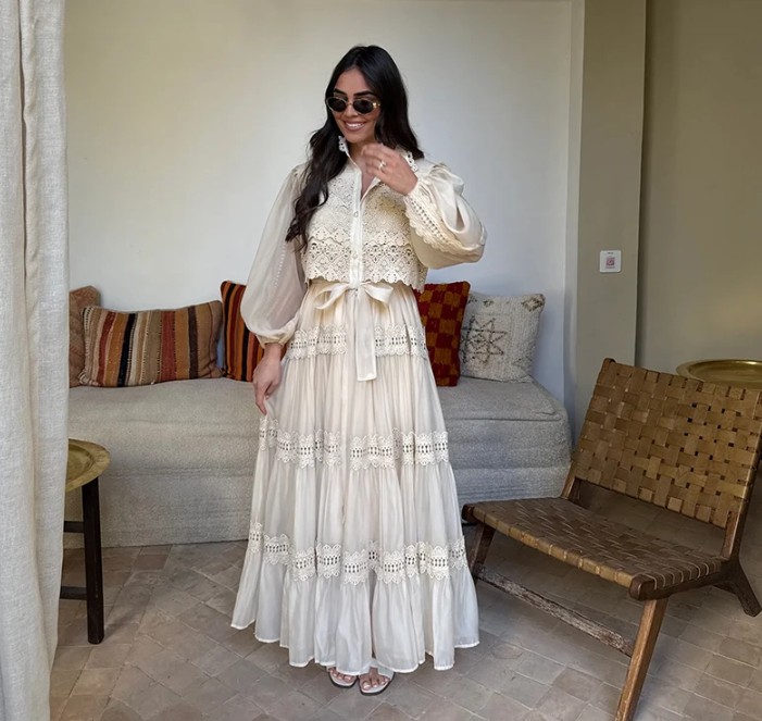 Boho Style Sommerkleid 2025 mit Laternen Ärmel und Spitze Ivory 