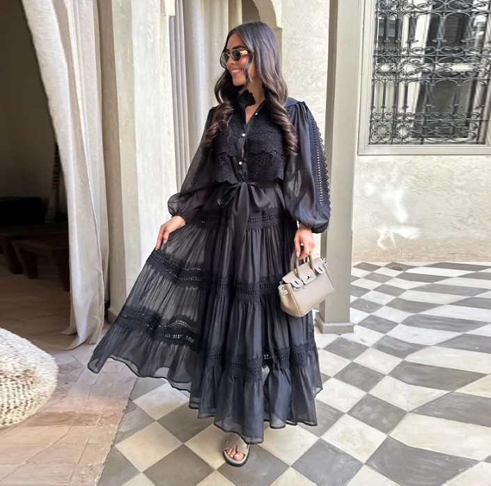 Boho Style Sommerkleid 2025 mit Laternen Ärmel und Spitze Schwarz 