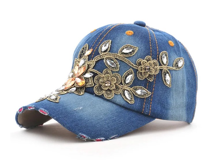 Damen Baseball Cup Sommerhut 2025 Saralena Blau mit 3D Strass Blumen&nbsp;Applikationen