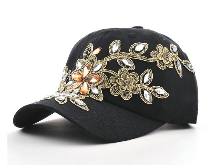 Damen Baseball Cup Sommerhut 2025 Saralena Schwarz mit 3D Strass Blumen&nbsp;Applikationen