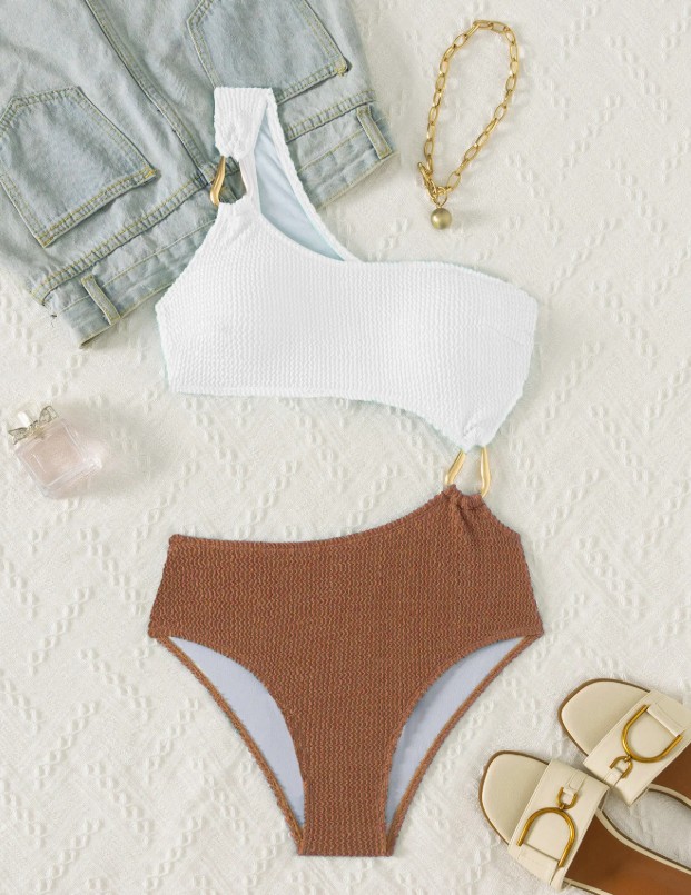 Damen One Shoulder Badeanzug 2025 Weiß Braun&nbsp;Asymmetrisch