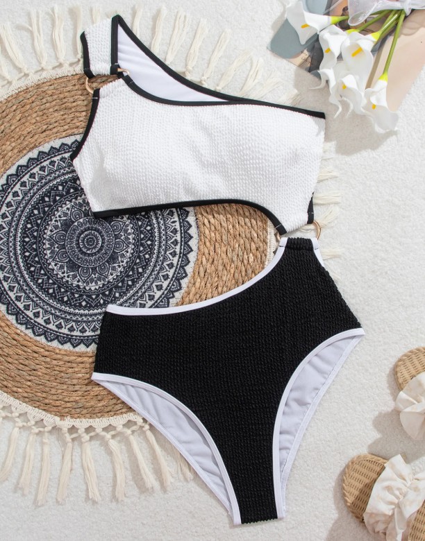 Damen One Shoulder Badeanzug 2025 Weiß Schwarz&nbsp;Asymmetrisch