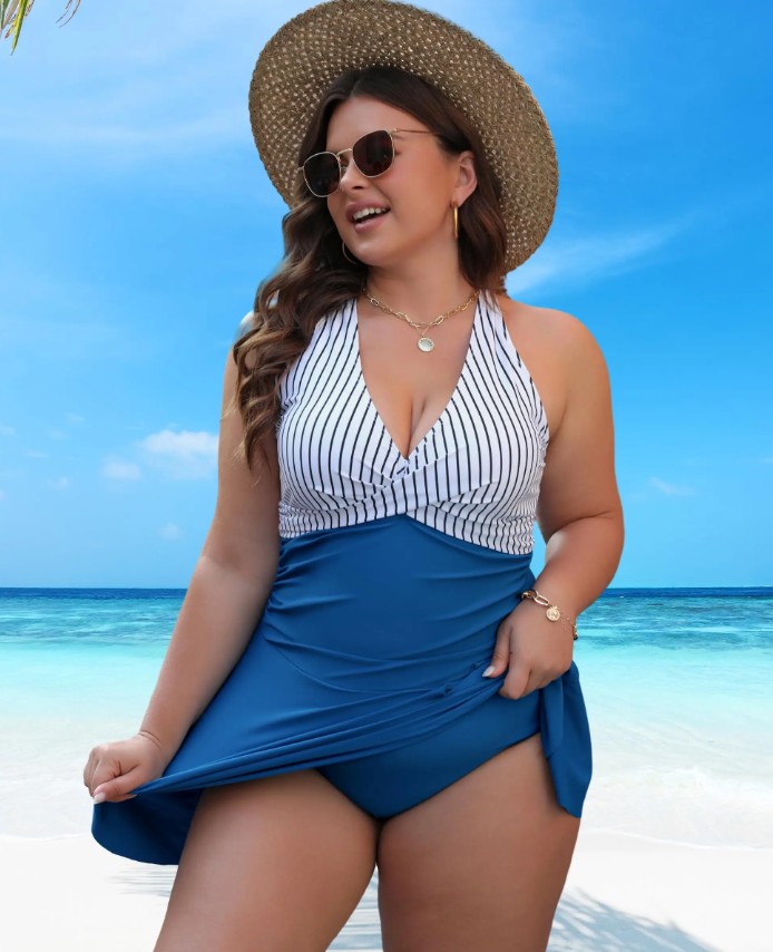 Damen Plus Size Kreuzträger Tankini in Blau&nbsp;Gestreift