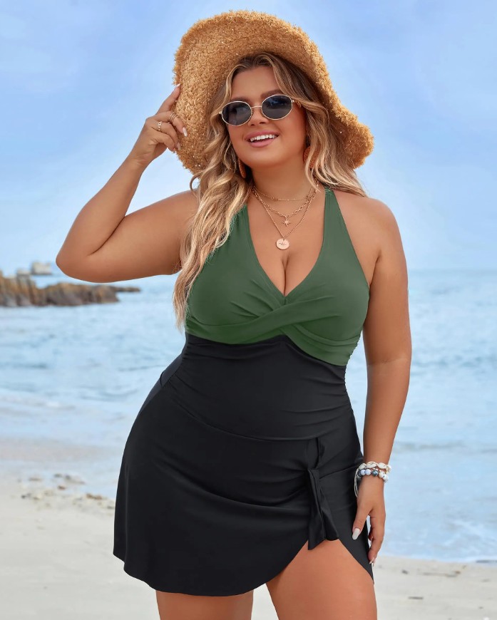 Damen Plus Size Kreuzträger Tankini in Grün&nbsp;Schwarz