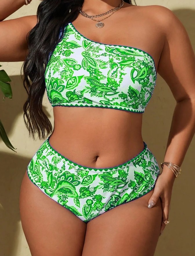 Damen Plus Size One Shoulder Bikini 2025 Grün mit&nbsp;Blumenmuster