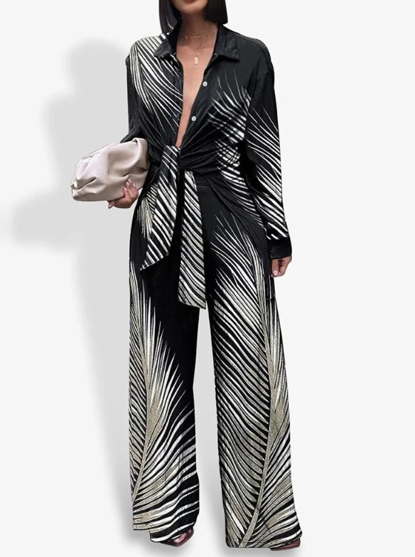  Damen Sommer Zweiteiler 2025 Elegant in Schwarz mit Palmen&nbsp;Muster