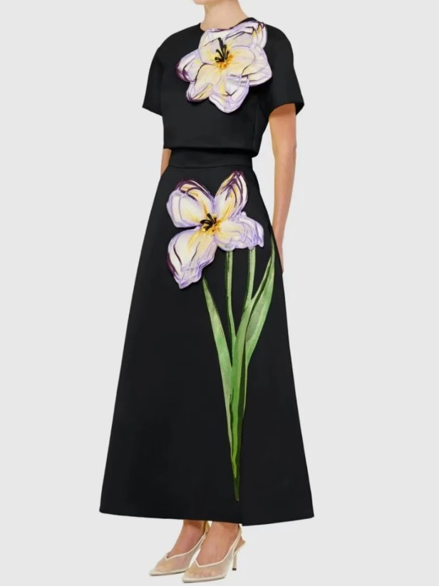 Damen Zweiteiler Elegant Oberteil – Rock in Schwarz mit&nbsp;Blume