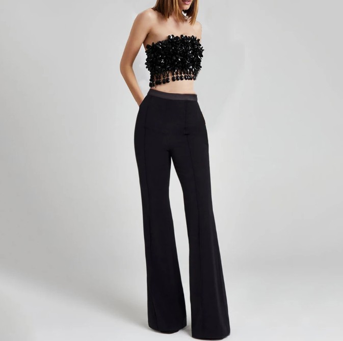 Eleganter Damen Zweiteiler Outfit in Schwarz mit Perlen Crop Top mit&nbsp;Hose