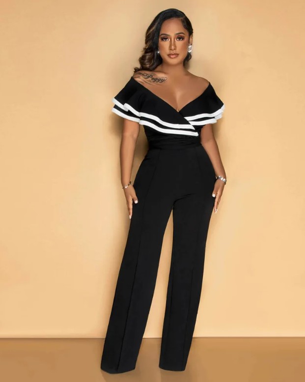 Eleganter Jumpsuit 2025 Einteiler Lang in Schwarz mit&nbsp;Rüschen