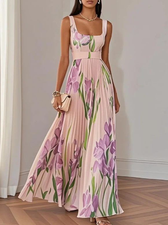 Elegantes Empire Plissee Sommerkleid 2025 Rosa mit&nbsp;Blumenmuster