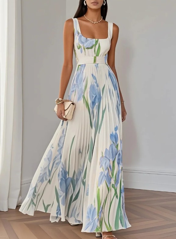 Elegantes Empire Plissee Sommerkleid 2025 Weiß mit&nbsp;Blumenmuster