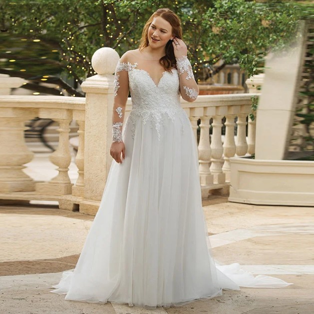 Empire Langarm Brautkleid Hanneke Schulterfrei mit Blumen&nbsp;Bodenlang