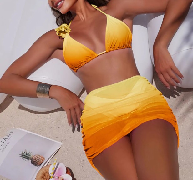 Halterneck Bikini Set 2025 Dreiteilig in Gelb mit Ombre&nbsp;Verlauf