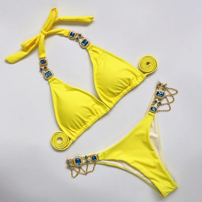Halterneck Strass Bikini 2025 Sari in&nbsp;Gelb