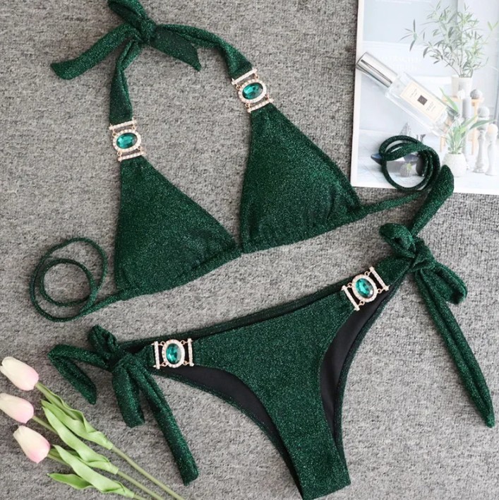 Halterneck Strass Bikini 2025 Sari in&nbsp;Grün