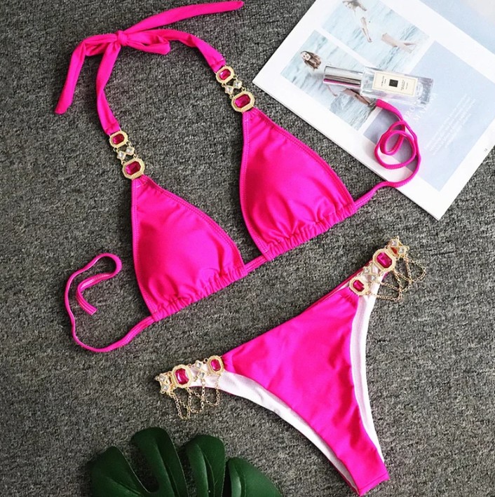Halterneck Strass Bikini 2025 Sari in&nbsp;Pink