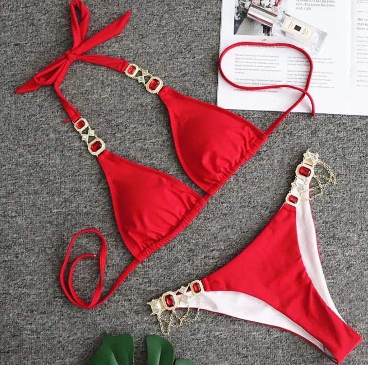 Halterneck Strass Bikini 2025 Sari in&nbsp;Rot
