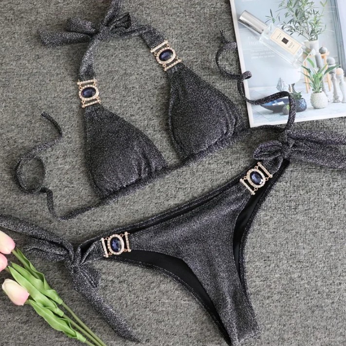 Halterneck Strass Bikini 2025 Sari in&nbsp;Schwarz