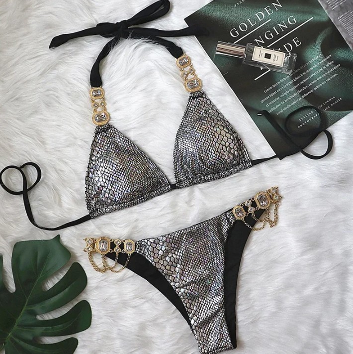 Halterneck Strass Bikini 2025 Sari in Silber mit&nbsp;Schlangenmuster