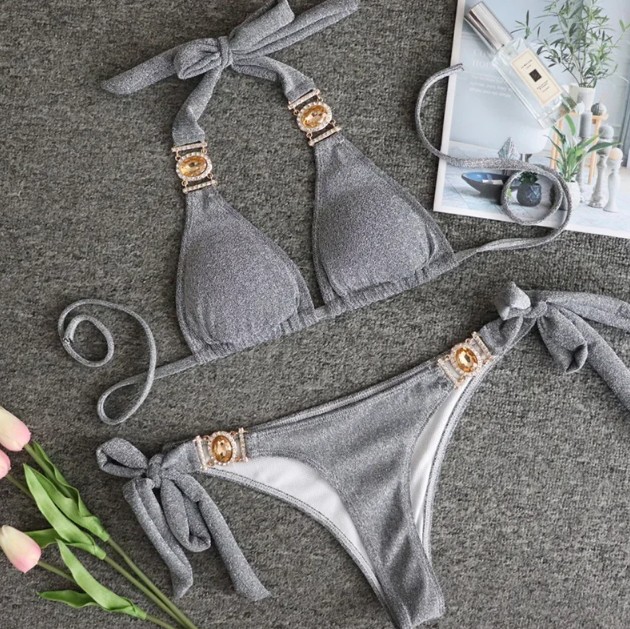 Halterneck Strass Bikini 2025 Sari in&nbsp;Silber