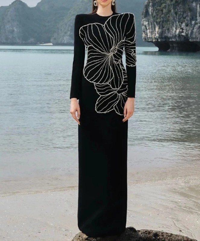 I Linie Abendkleid mit Strass Blume Stickereien&nbsp;Schwarz