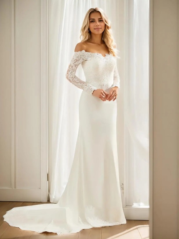 I Linie Langarm Brautkleid Hailey Schulterfrei mit Spitze und&nbsp;Schleppe