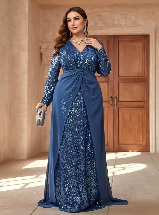 I Linie Langarm Pailletten Abendkleid Elegant für Hochzeitsgäste in&nbsp;Blau