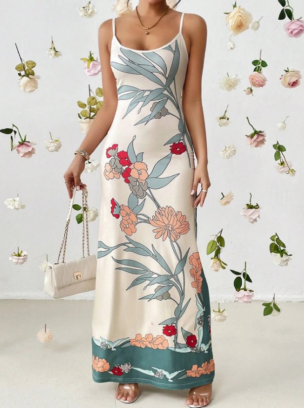 I Linie Satin Maxi Sommerkleid 2025 Emielia Weiß mit&nbsp;Blumenmuster