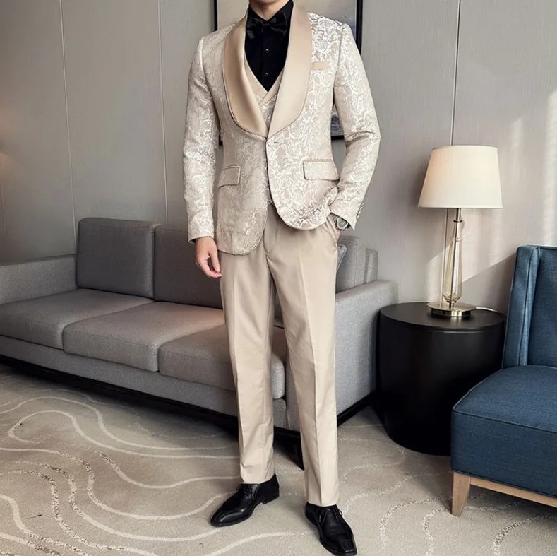 Jacquard Herren Hochzeitsanzug Alfred Dreiteilig mit Weste in&nbsp;Elfenbein