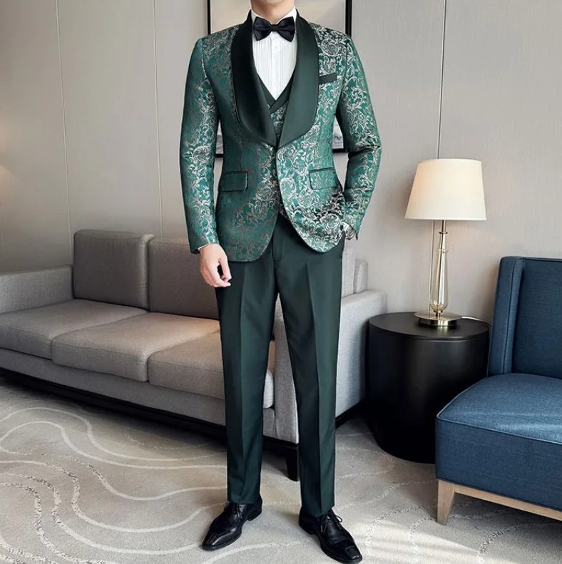Jacquard Herren Hochzeitsanzug Alfred Dreiteilig mit Weste in&nbsp;Grün